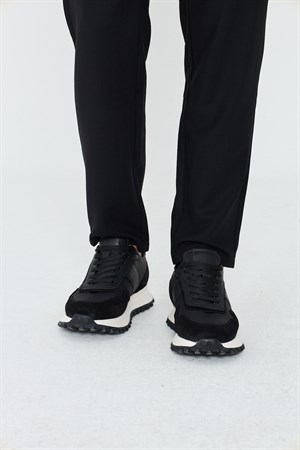 Siyah Hakiki Deri Bağcıklı Yüksek Tabanlı Erkek Sneaker