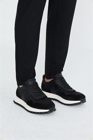 Siyah Hakiki Deri Bağcıklı Yüksek Tabanlı Erkek Sneaker