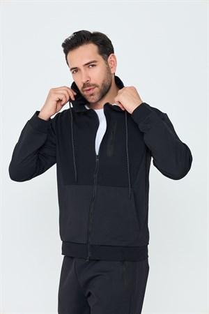 Siyah Kapüşonlu Fermuarlı Erkek Sweatshirt