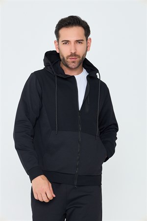 Siyah Kapüşonlu Fermuarlı Erkek Sweatshirt