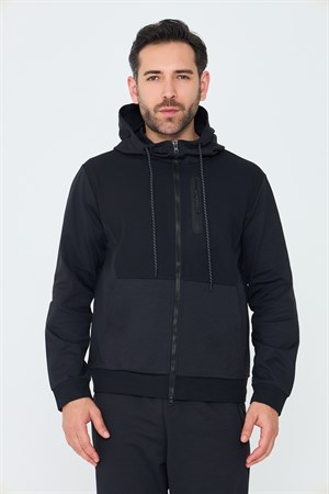 Siyah Kapüşonlu Fermuarlı Erkek Sweatshirt