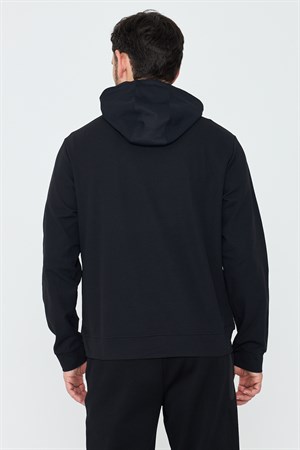 Siyah Kapüşonlu Yarım Fermuarlı Yandan Cepli Erkek Sweatshirt