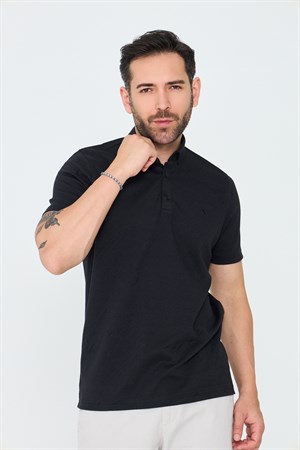 Siyah Mikro Desenli Düğmeli Erkek Polo Yaka Tişört