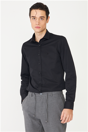 Siyah Normal Fit Rahat Kesim Dört Mevsim Uzun Kollu Gömlek