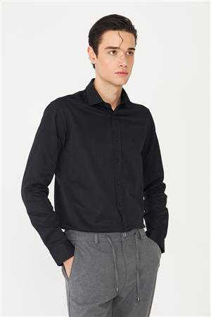 Siyah Normal Fit Rahat Kesim Dört Mevsim Uzun Kollu Gömlek