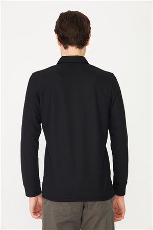 Siyah Mikro Dokulu Uzun Kollu Polo Yaka Üst