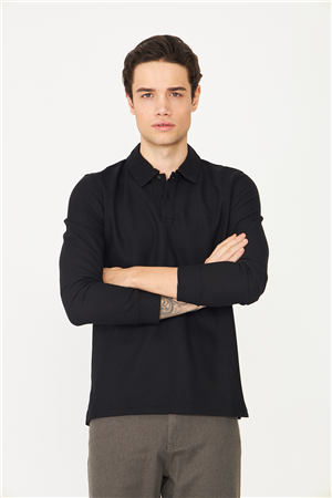 Siyah Mikro Dokulu Uzun Kollu Polo Yaka Üst