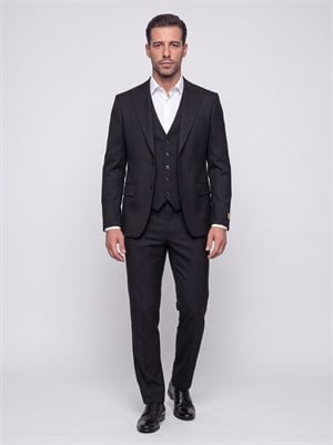 Siyah Regular Fit 6 Drop Sivri Yaka Yelekli Erkek Takım Elbise