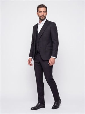 Siyah Regular Fit 6 Drop Sivri Yaka Yelekli Erkek Takım Elbise