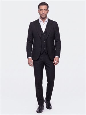 Siyah Sivri Yaka 6 Drop Regular Fit Yelekli Erkek Takım Elbise