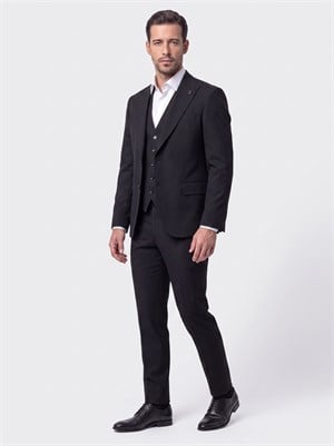 Siyah Sivri Yaka 6 Drop Regular Fit Yelekli Erkek Takım Elbise