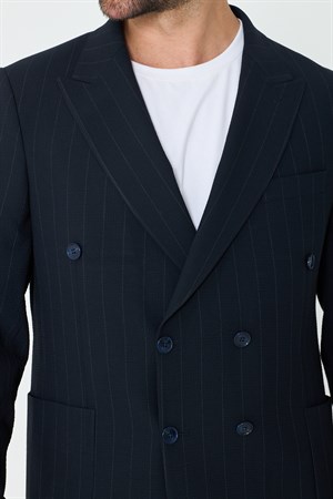 Lacivert Kruvaze İnce Çizgili 6 Drop Regular Fit Takım Elbise