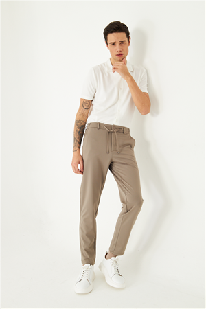 Bej Modern Kesim Bağcıklı Smart Casual Jogger Pantolon