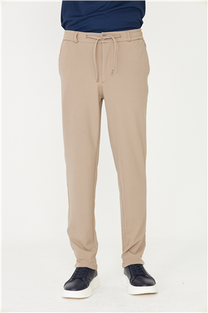 Bej İnce Çizgili Dokulu Modern Kesim Bağcıklı Smart Casual Pantolon