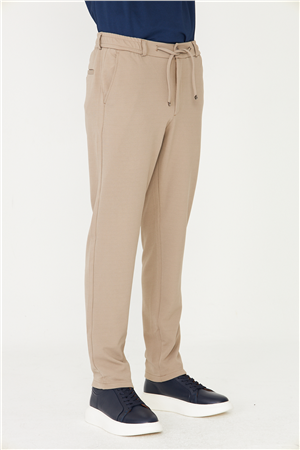 Bej İnce Çizgili Dokulu Modern Kesim Bağcıklı Smart Casual Pantolon