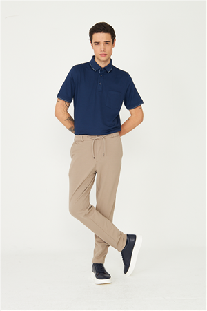 Bej İnce Çizgili Dokulu Modern Kesim Bağcıklı Smart Casual Pantolon