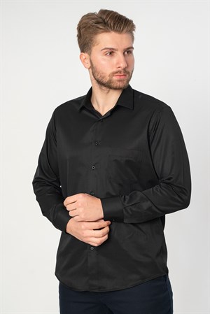 Siyah Regular Fit Normal Kalıp Kolay Ütülenen Cepli Pamuklu Gömlek