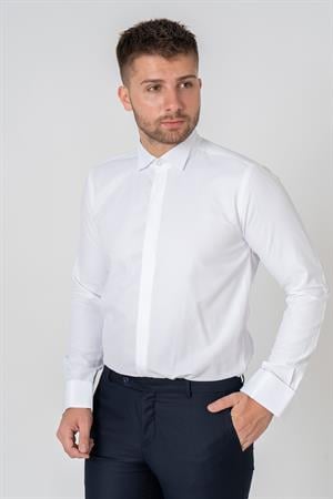 Beyaz Slim Fit Esnek Likralı Ata Yaka Pamuklu Gömlek