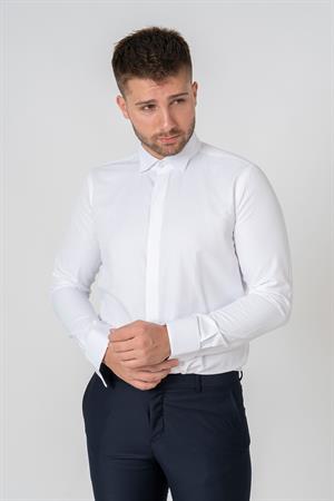 Beyaz Slim Fit Esnek Likralı Ata Yaka Pamuklu Gömlek