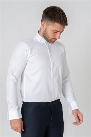 Beyaz Slim Fit Esnek Likralı Ata Yaka Pamuklu Gömlek