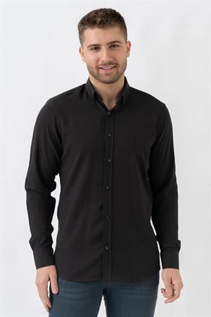 White Stone Malta G2303 Keten  Regular Fit Pamuklu Gömlek Siyah