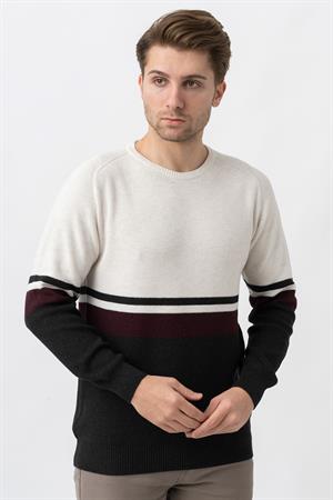 White Stone Medellín 10195 Slim Fit Bisiklet Yaka Triko Ekru Bordo Antrasit