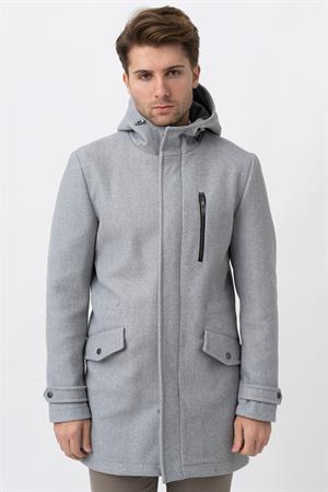 Gri Slim Fit Kapüşonlu Fermuar Kapamalı Cepli Kaşe Kaban