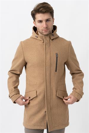 Bej Slim Fit Kapüşonlu Fermuar Kapamalı Cepli Kaşe Kaban