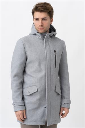 Gri Slim Fit Kapüşonlu Fermuar Kapamalı Cepli Kaşe Kaban