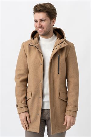 Bej Slim Fit Kapüşonlu Fermuar Kapamalı Cepli Kaşe Kaban