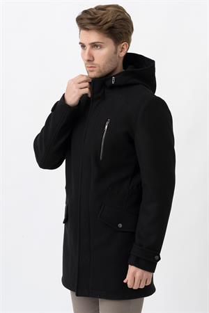 Siyah Slim Fit Kapüşonlu Fermuar Kapamalı Cepli Kaşe Kaban