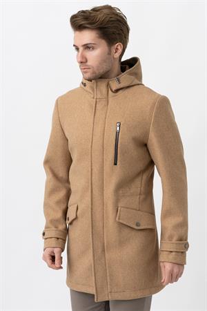 Bej Slim Fit Kapüşonlu Fermuar Kapamalı Cepli Kaşe Kaban