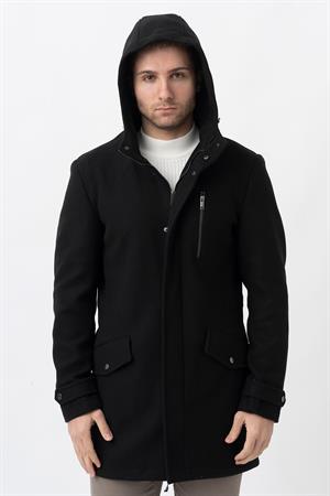 Siyah Slim Fit Kapüşonlu Fermuar Kapamalı Cepli Kaşe Kaban