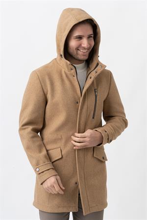 Bej Slim Fit Kapüşonlu Fermuar Kapamalı Cepli Kaşe Kaban