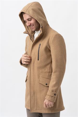 Bej Slim Fit Kapüşonlu Fermuar Kapamalı Cepli Kaşe Kaban