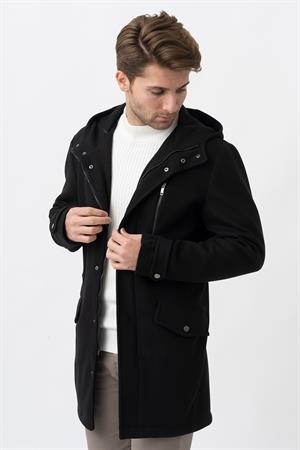Siyah Slim Fit Kapüşonlu Fermuar Kapamalı Cepli Kaşe Kaban
