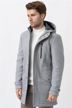 Gri Slim Fit Kapüşonlu Fermuar Kapamalı Cepli Kaşe Kaban