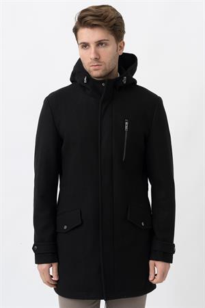 Siyah Slim Fit Kapüşonlu Fermuar Kapamalı Cepli Kaşe Kaban