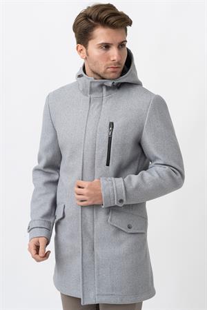 Gri Slim Fit Kapüşonlu Fermuar Kapamalı Cepli Kaşe Kaban