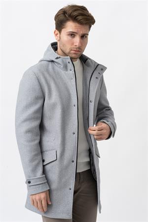 Gri Slim Fit Kapüşonlu Fermuar Kapamalı Cepli Kaşe Kaban