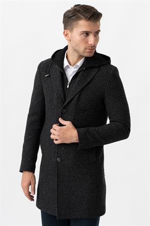 White Stone Ancona 4024  Slim Fit Kapüşonlu Ceket Yaka Pamuklu Kaban Siyah