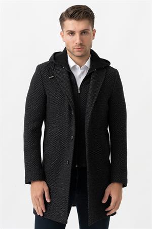 White Stone Ancona 4024  Slim Fit Kapüşonlu Ceket Yaka Pamuklu Kaban Siyah
