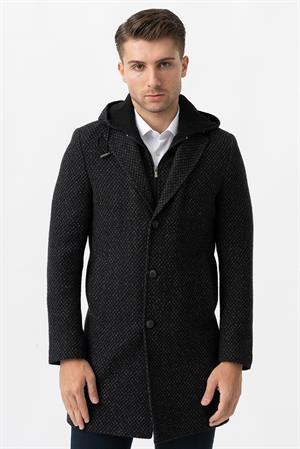 White Stone Ancona 4024  Slim Fit Kapüşonlu Ceket Yaka Pamuklu Kaban Siyah
