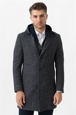 White Stone Ancona 4024  Slim Fit Kapüşonlu Ceket Yaka Pamuklu Kaban İndigo 