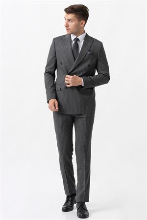 Açık Gri Uyumlu Beyaz İnce Çizgili Slim Fit Kalıp Kruvaze Premium Takım Elbise