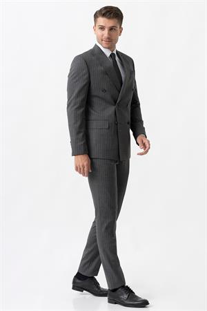 Açık Gri Uyumlu Beyaz İnce Çizgili Slim Fit Kalıp Kruvaze Premium Takım Elbise