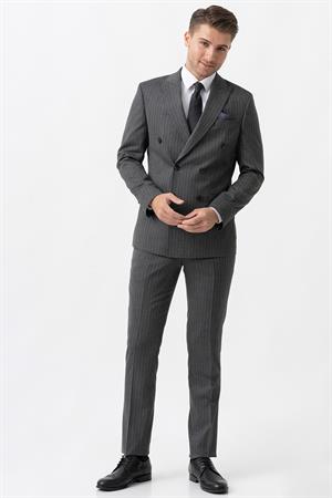 Açık Gri Uyumlu Beyaz İnce Çizgili Slim Fit Kalıp Kruvaze Premium Takım Elbise