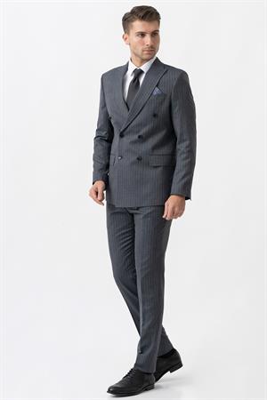 Gri Uyumlu Beyaz İnce Çizgili Slim Fit Kruvaze Premium Takım Elbise