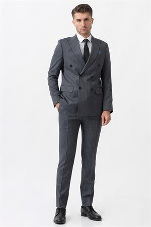 Gri Uyumlu Beyaz İnce Çizgili Slim Fit Kruvaze Premium Takım Elbise