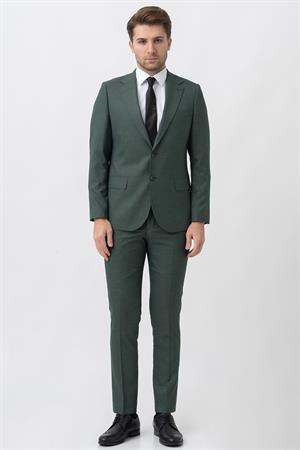 Yeşil Slim Fit Efektli Kumaşlı Kapaklı Cepli Premium Takım Elbise